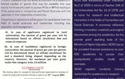 Calling Applications for Partial Funding for Advanced Postgraduate Studies – 2024