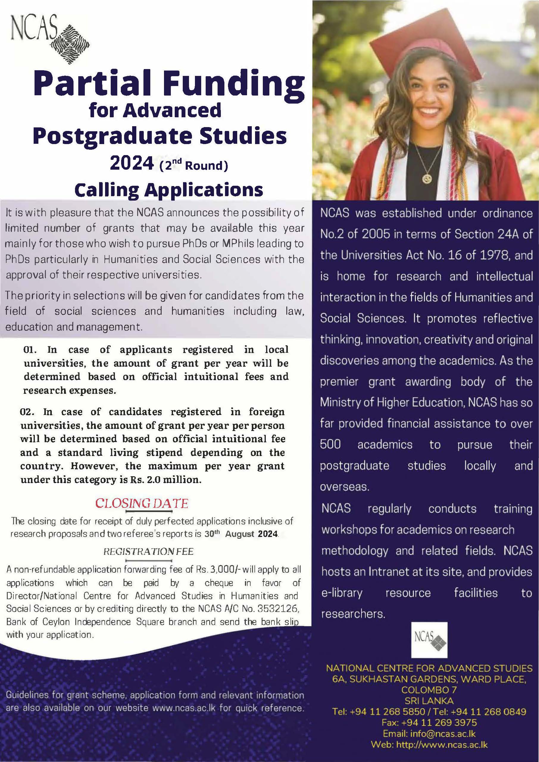 Calling Applications for Partial Funding for Advanced Postgraduate Studies – 2024