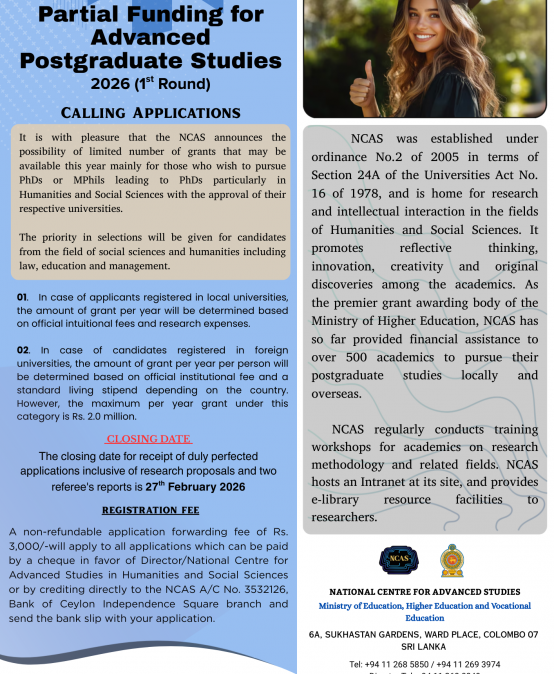 Calling Applications for Partial Funding for Advanced Postgraduate Studies – 2026(1st Round)
