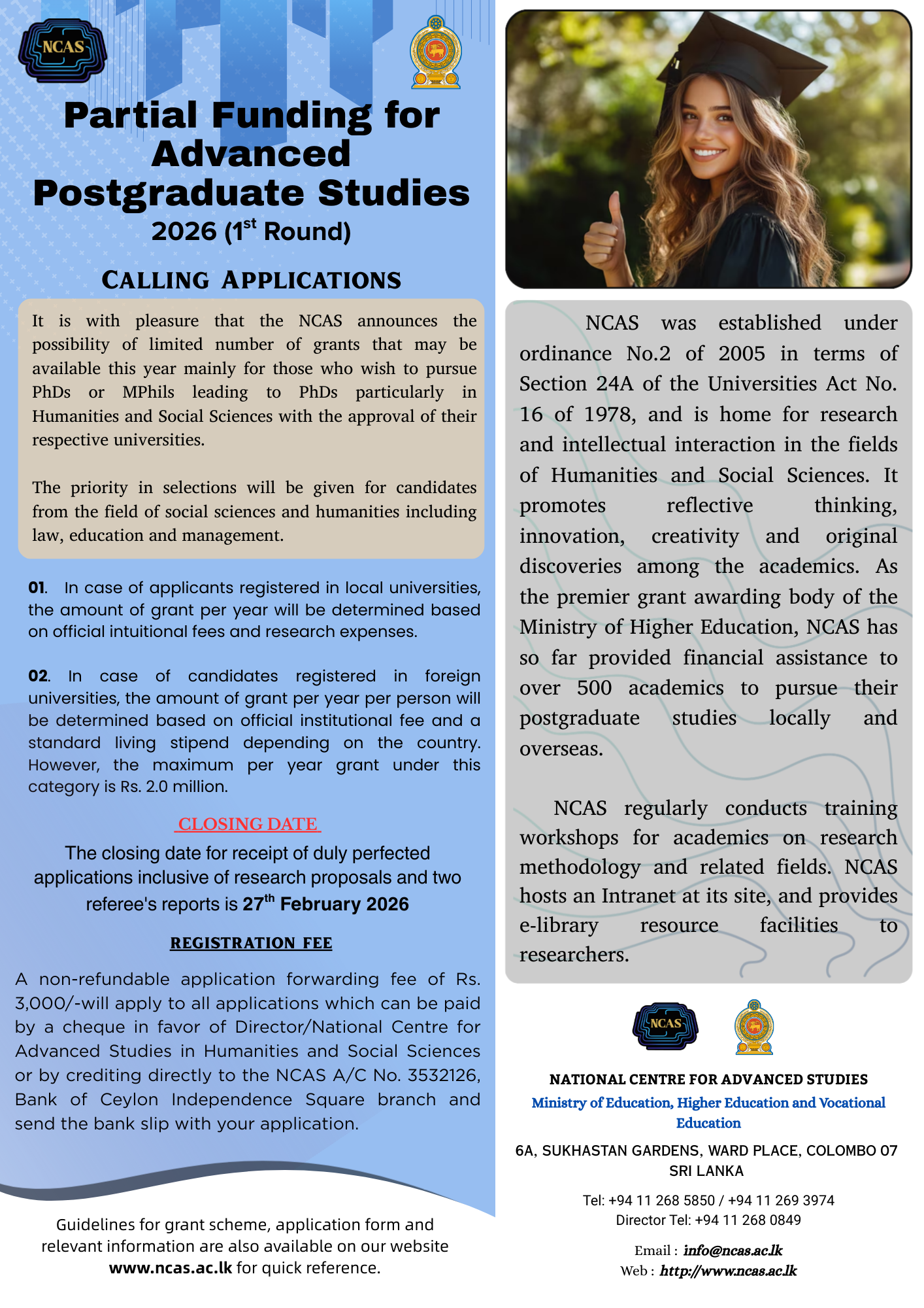Calling Applications for Partial Funding for Advanced Postgraduate Studies – 2026(1st Round)