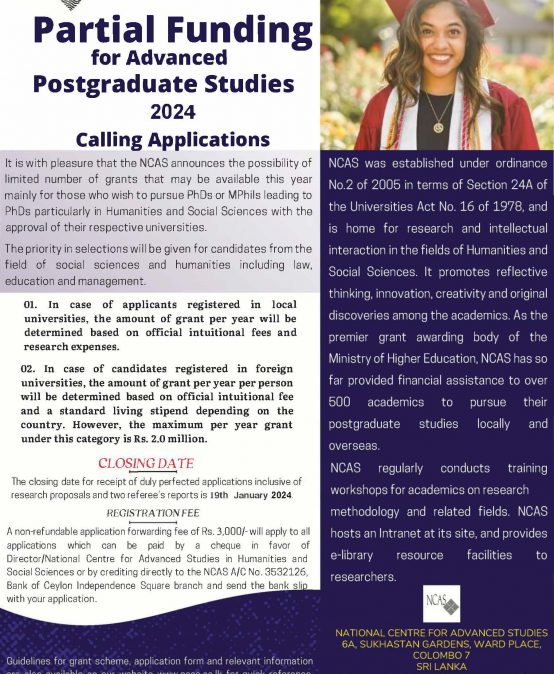 Calling Applications for Partial Funding for Advanced Postgraduate Studies – 2024