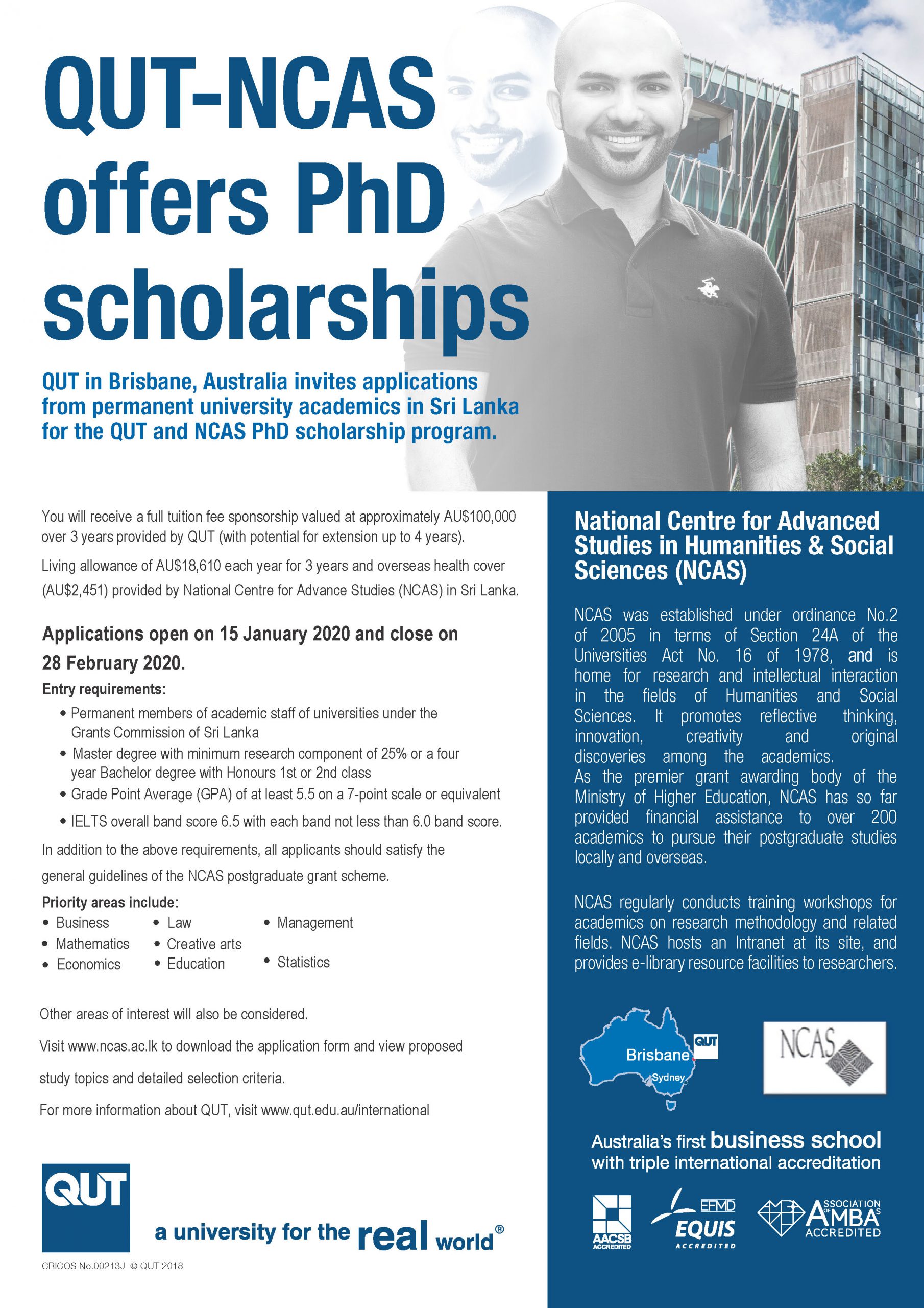 NCAS-QUT PhD Scholarships