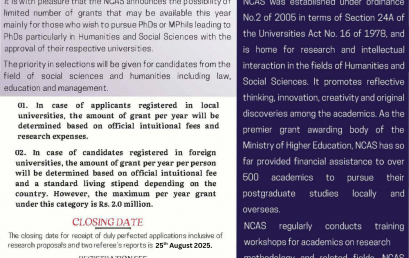 Calling Applications for Partial Funding for Advanced Postgraduate Studies – 2025(2nd Round)