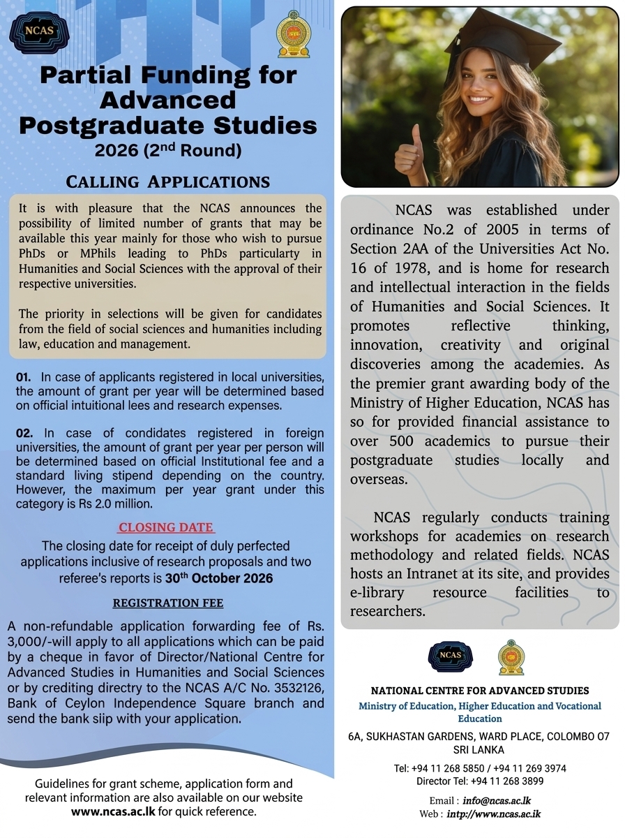 Calling Applications for Partial Funding for Advanced Postgraduate Studies – 2026(2nd Round)